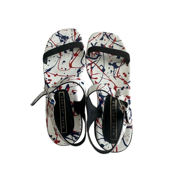 MARC JACOBS Paint Splatter White Blue Red Leather Sandals Size 7.5 / 37.5 - Picture 4 of 7